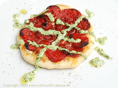 Tomato-Mascarpone-Pizzette with Goat Cheese-Parsley Pesto